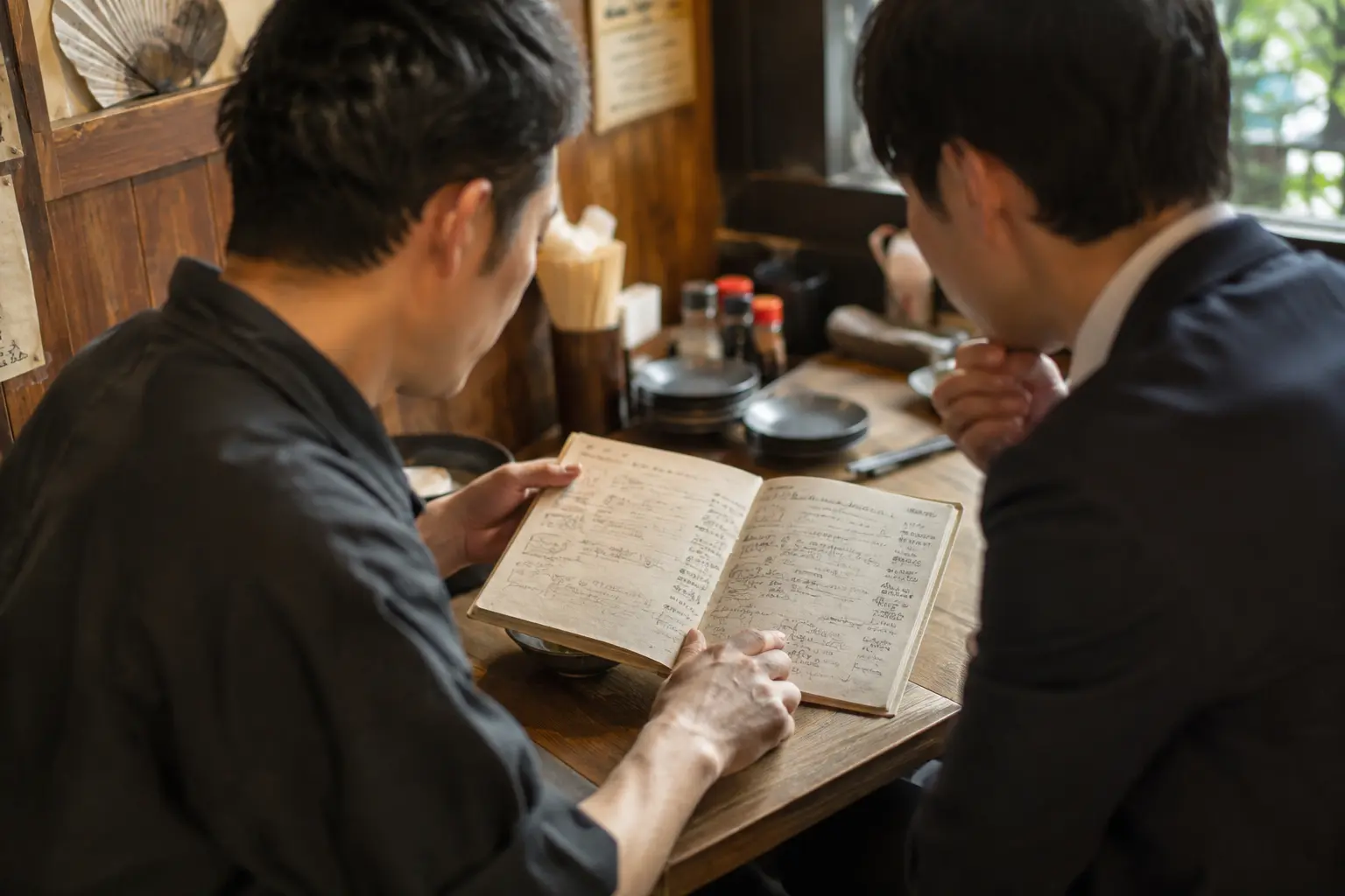 店主と担当者が、手書きのレシピノートを一緒に見ている